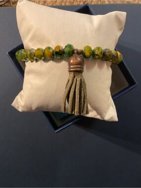 paparazzi Olive Green and Mustard Bead Tassel Stretch Bracelet